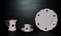 Šálek s podšálkem, mlékovka, talíř mělký Olga 418, růžový porcelán